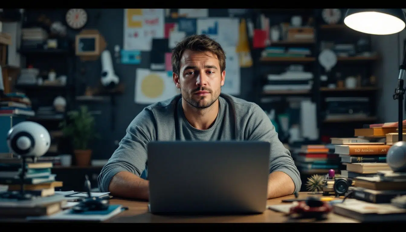 Homme pensif travaillant sur un ordinateur portable dans un espace de bureau, entouré de livres et de matériel de bureau.