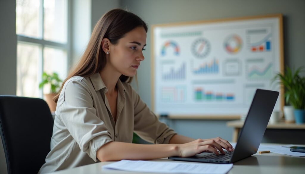 Une consultante en stratégie digitale travaille sur l'optimisation de son site web.